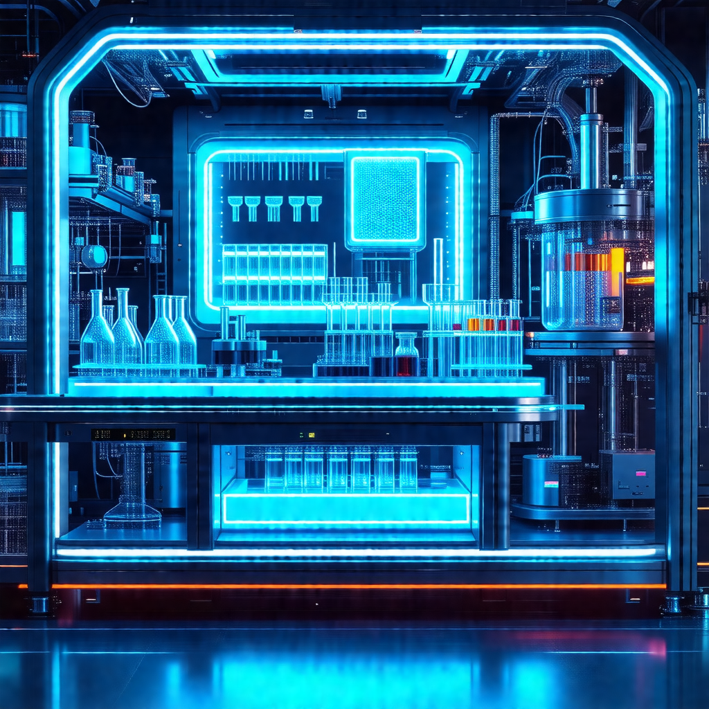 Futuristic laboratory with a large blue display