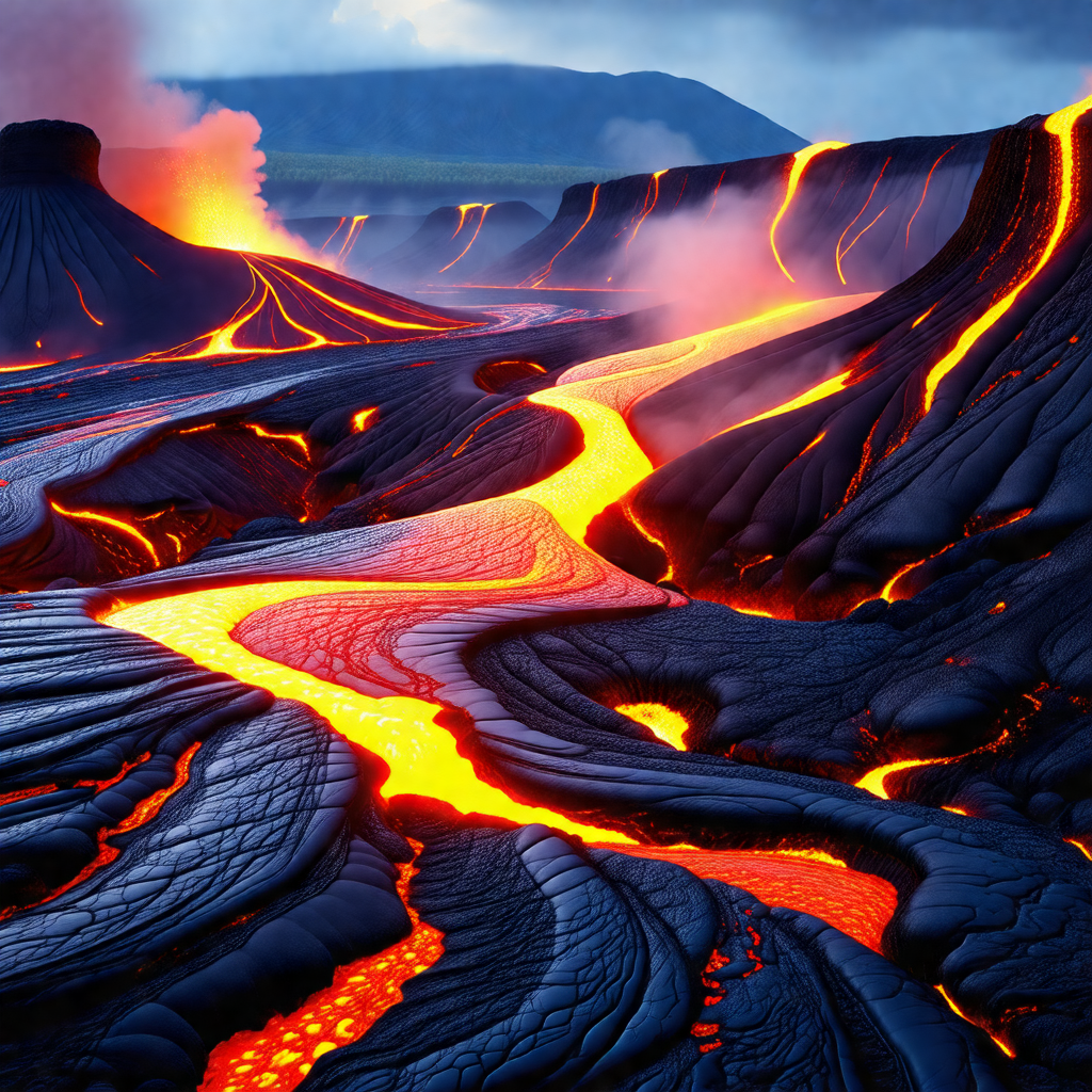 Large, red, and orange lava flow, with the lava flowing d...