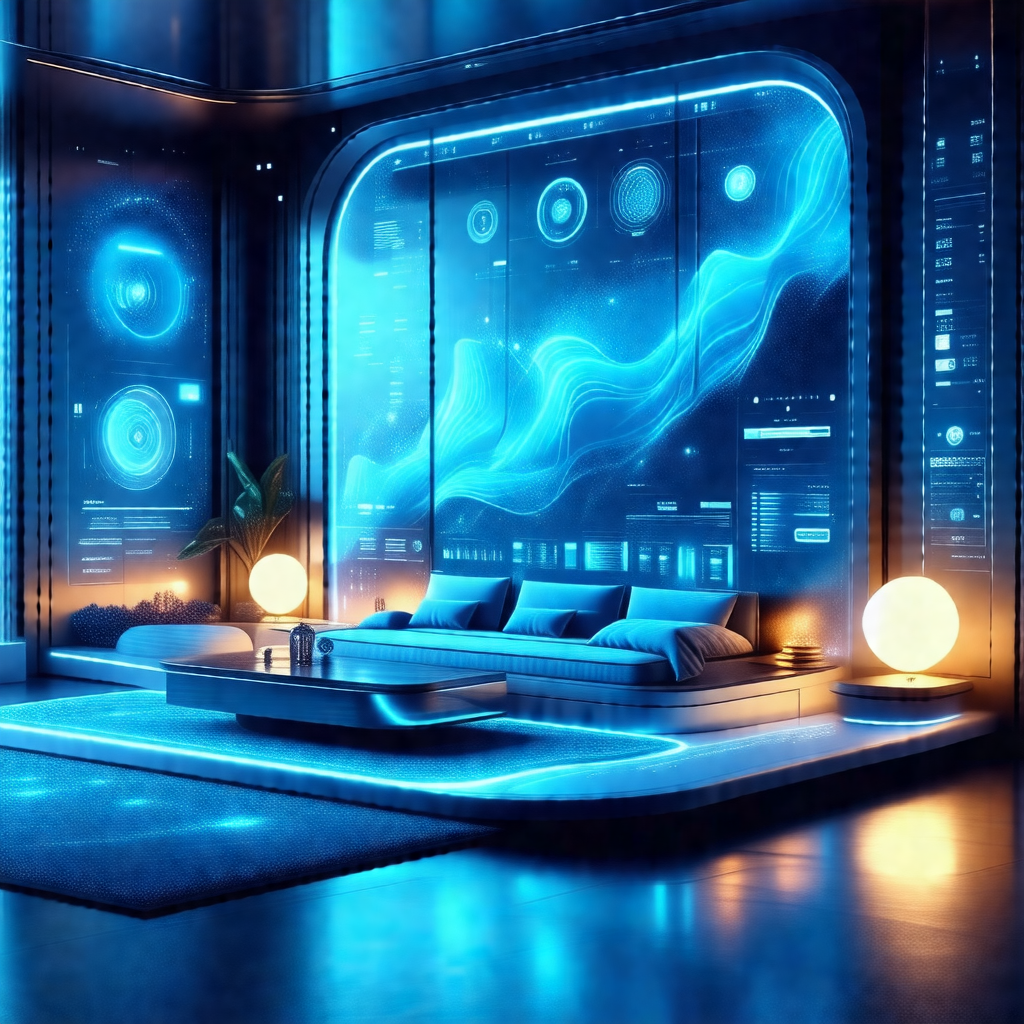 Futuristic living room with a large couch and a coffee table