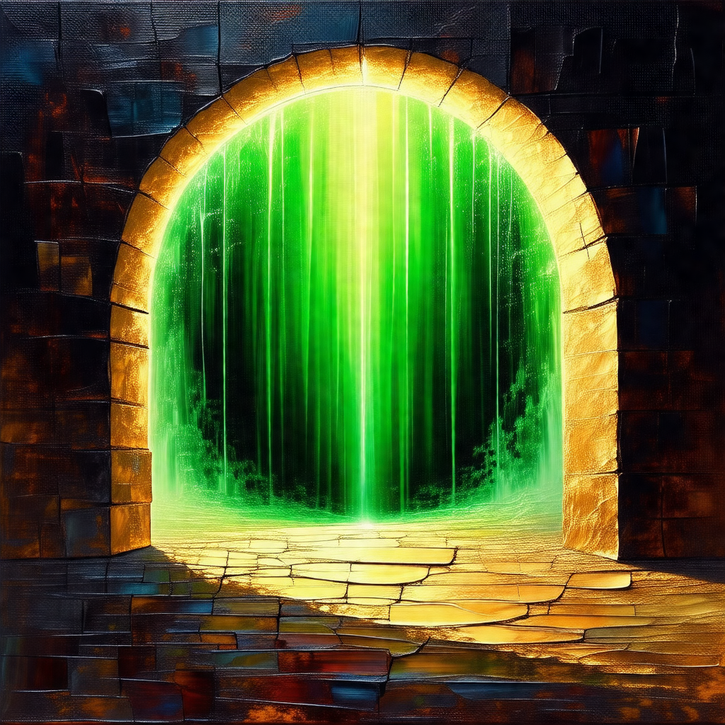 Painting of a doorway with a green glow