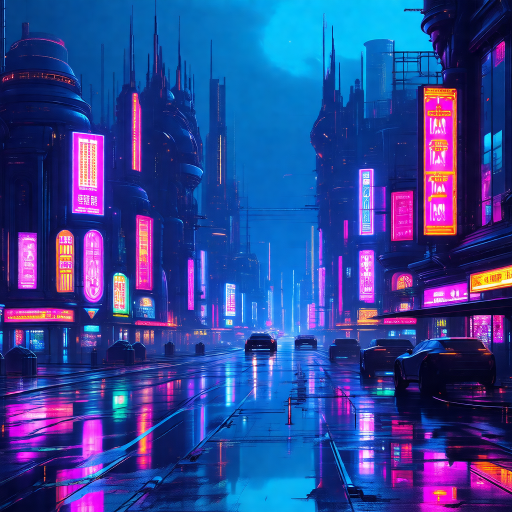 Futuristic cityscape with a rain-soaked street filled wit...