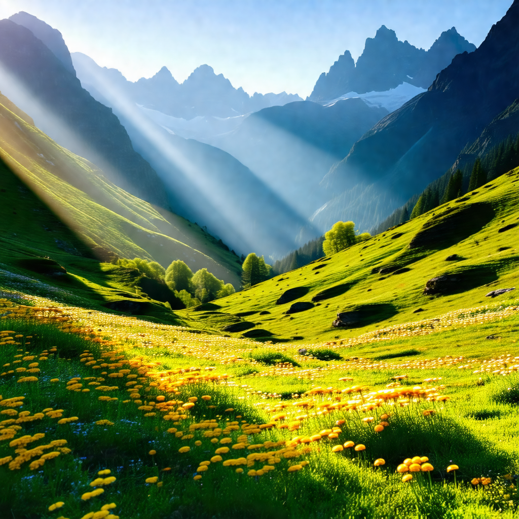 Beautiful mountain landscape with a lush green field and ...