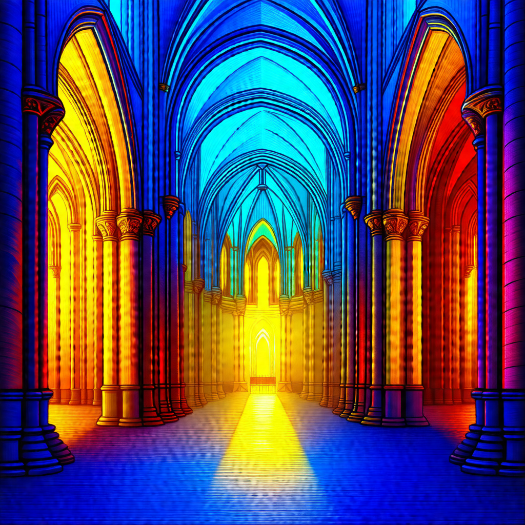 Colorful, three-dimensional drawing of a cathedral