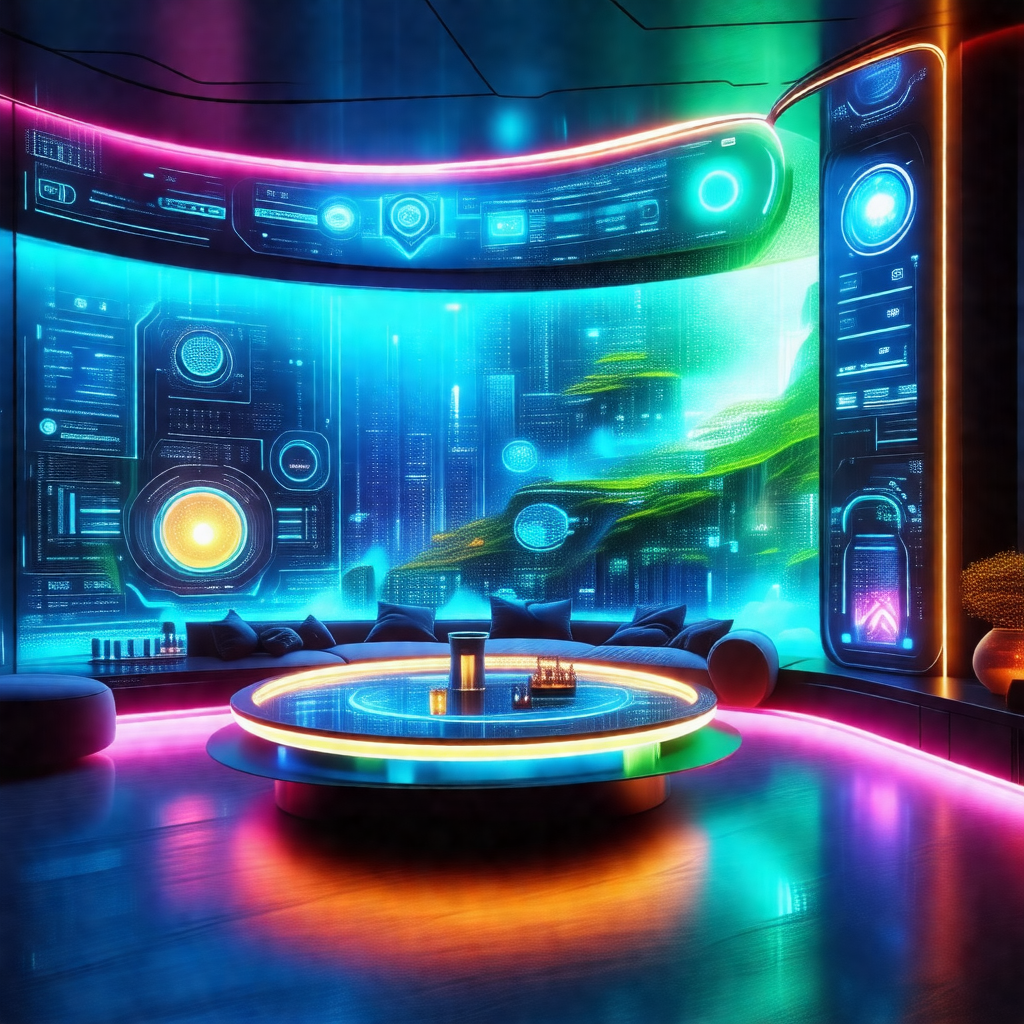 Futuristic living room with a large, circular table in th...