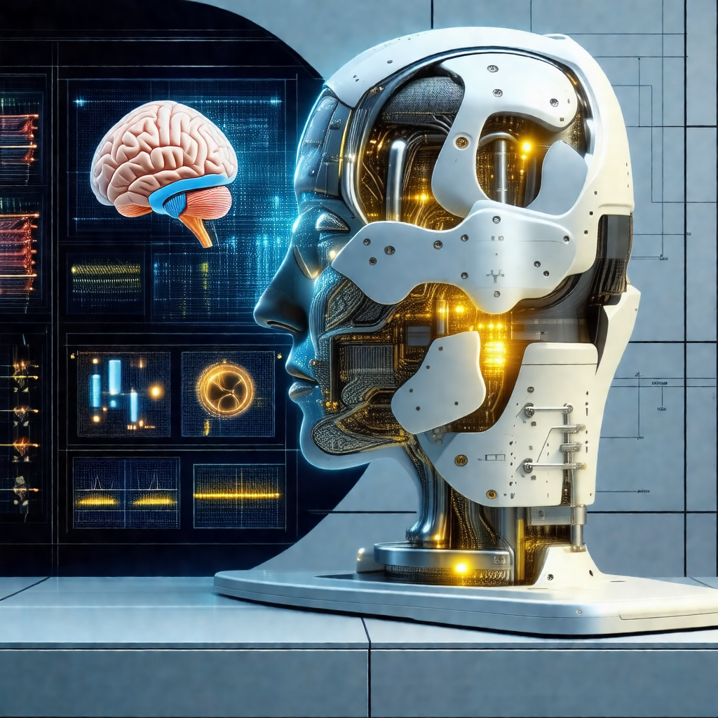 Futuristic robotic head with a brain visible inside