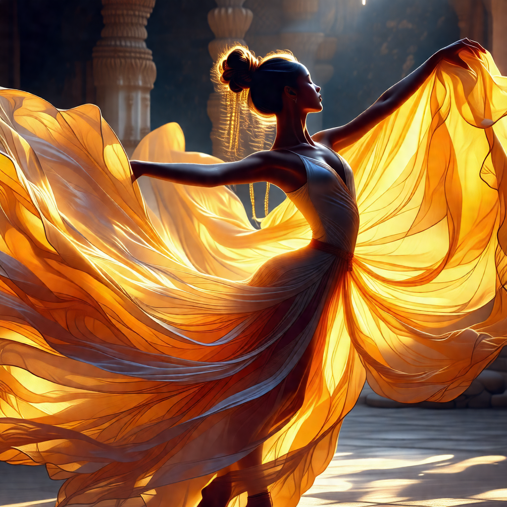 Woman in a flowing dress, dancing in a room with a yellow...
