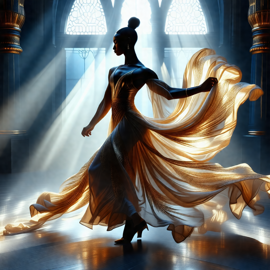 Woman in a long, flowing dress, standing in a room with a...