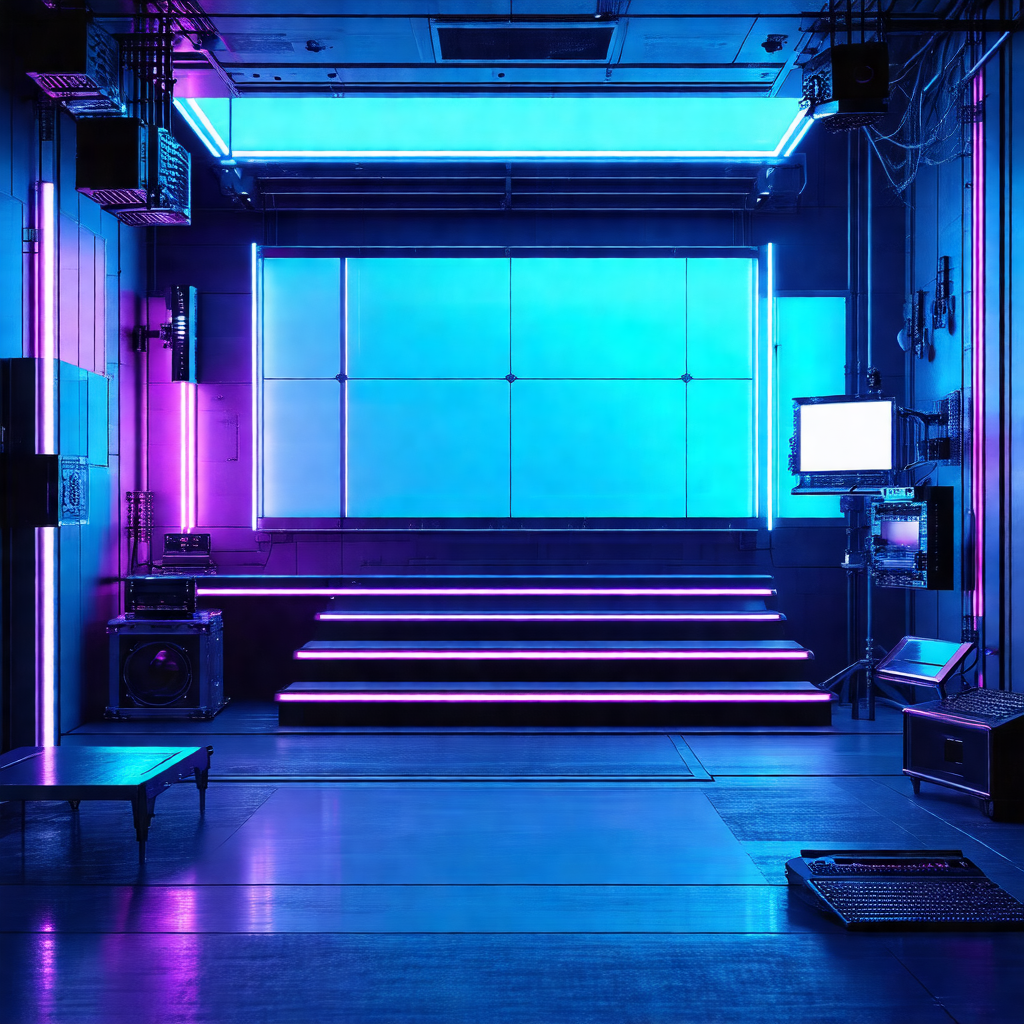 Futuristic room with a purple and blue color scheme