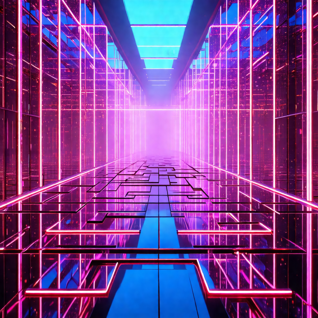 Futuristic, neon-colored scene with a long, narrow hallway