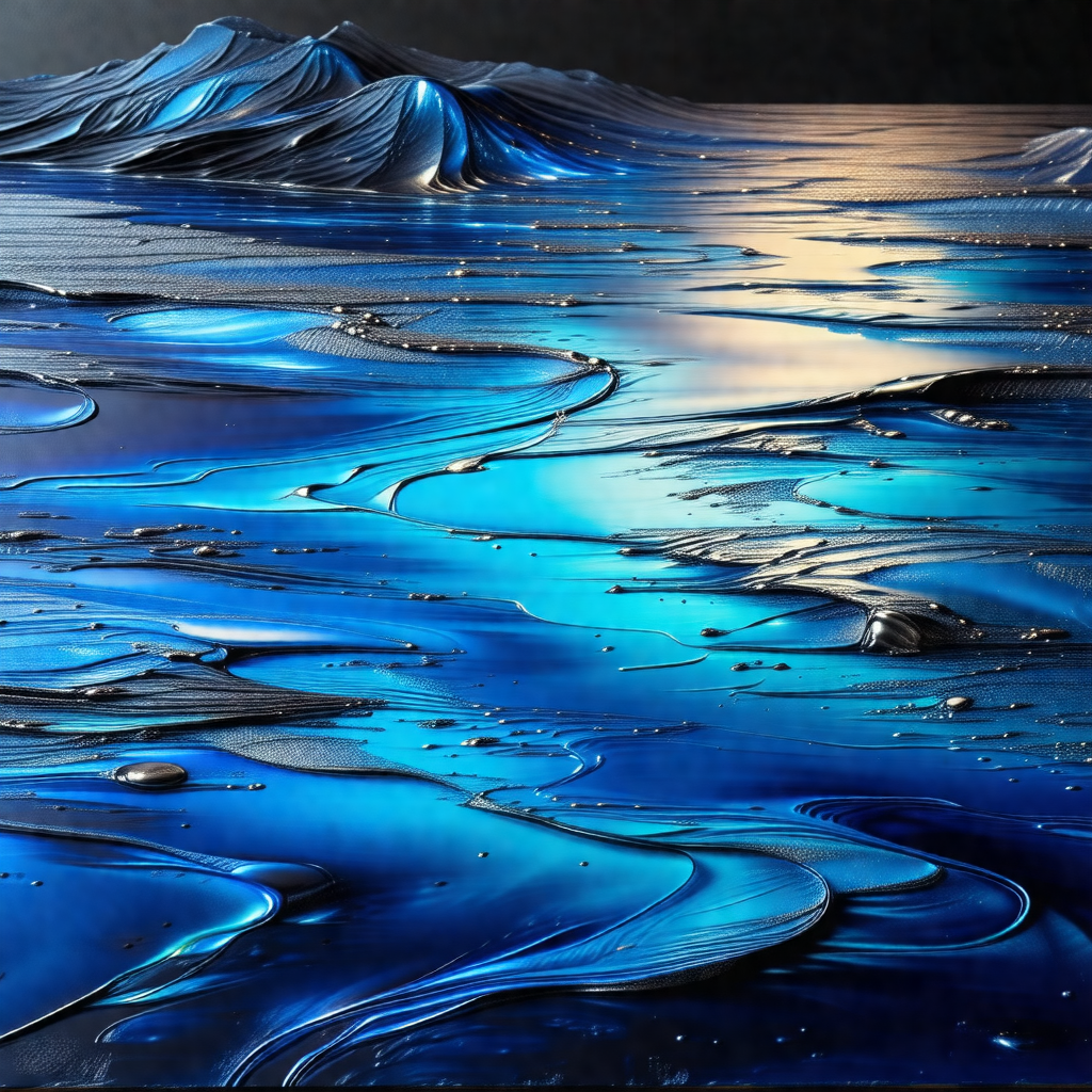 Large, blue, and white painting of a mountainous landscape