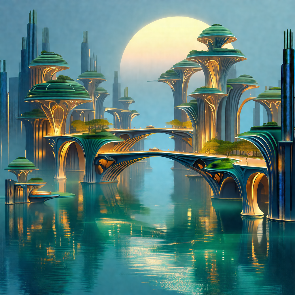 Painting of a futuristic city with a large bridge spannin...
