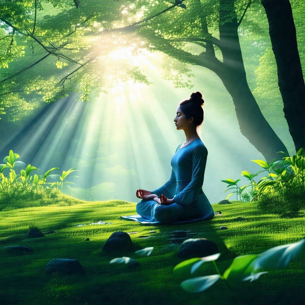 Woman sitting on the ground in a forest, surrounded by trees