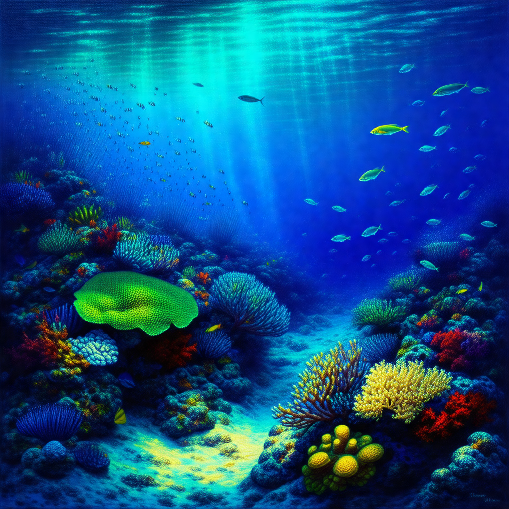 Vibrant and colorful painting of a coral reef underwater