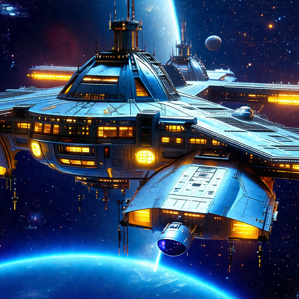 Futuristic space scene featuring a large, blue spacecraft...