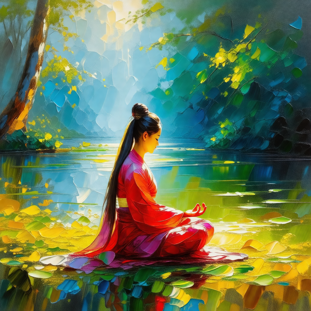 Woman sitting on a mat in a serene environment