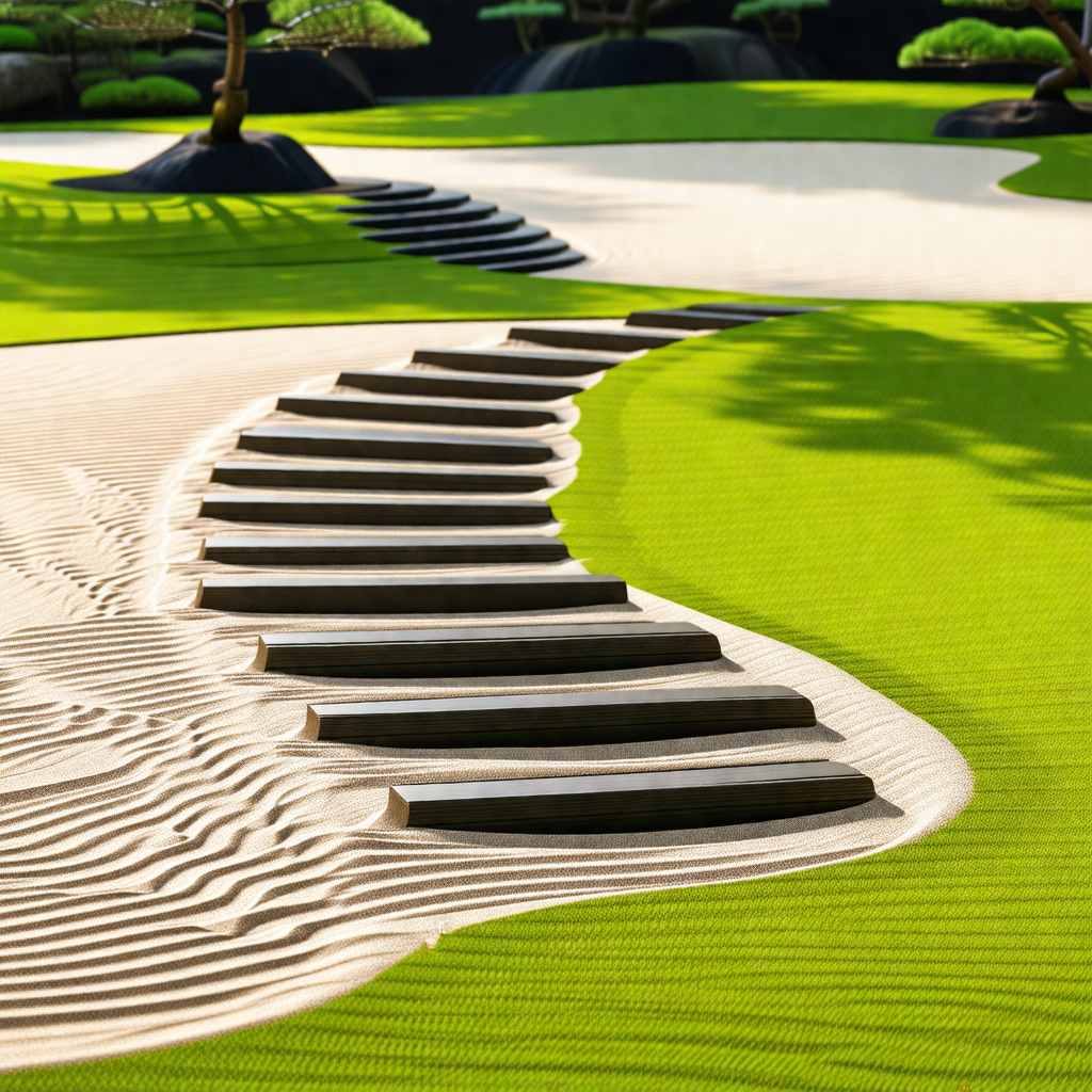 Lush green golf course with a sandy pathway