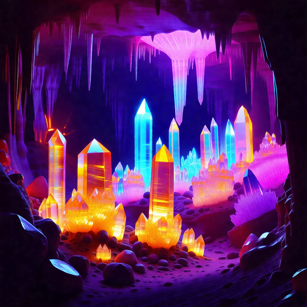 Colorful, computer-generated scene of a cave with a varie...