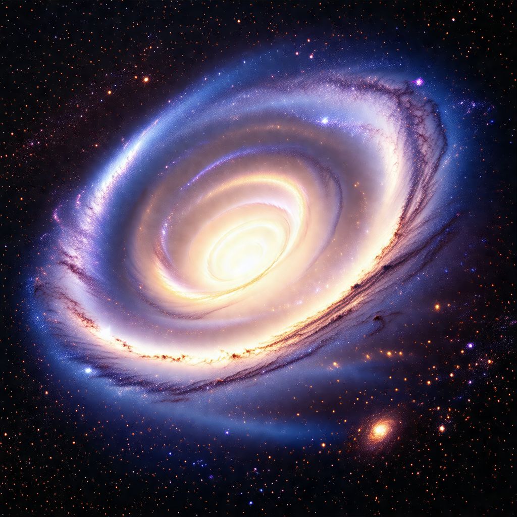 Large, brightly lit spiral galaxy, which is the central f...