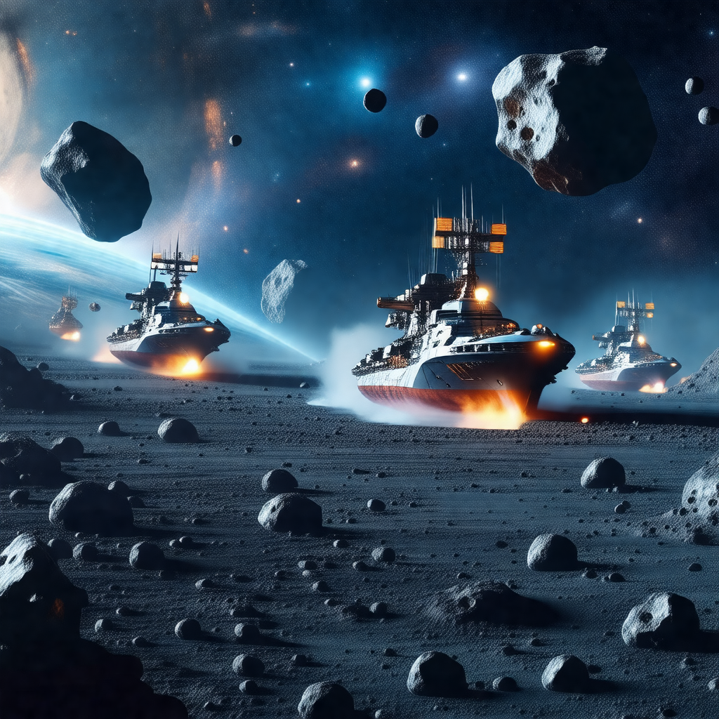 Group of small boats traveling through space, with a back...
