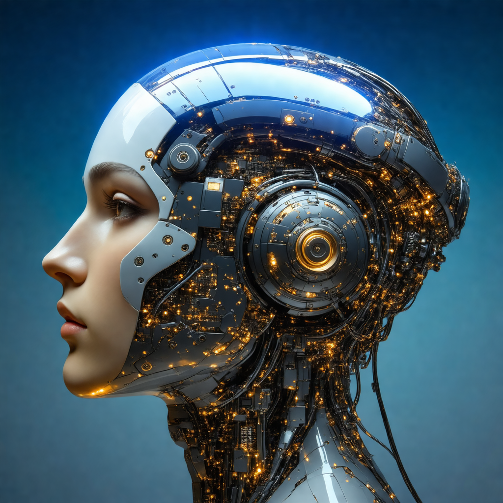 Futuristic robotic head with a blue background