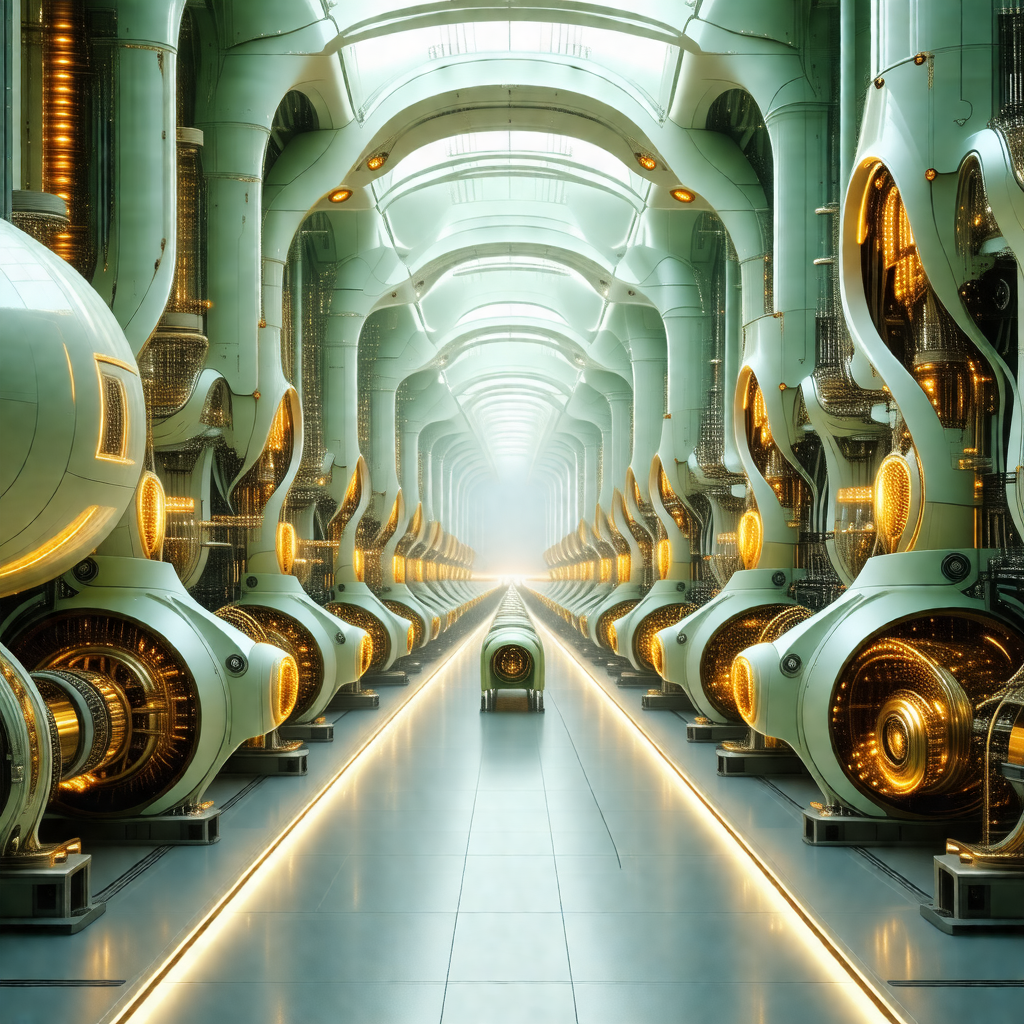 Futuristic factory with a long, narrow hallway filled wit...