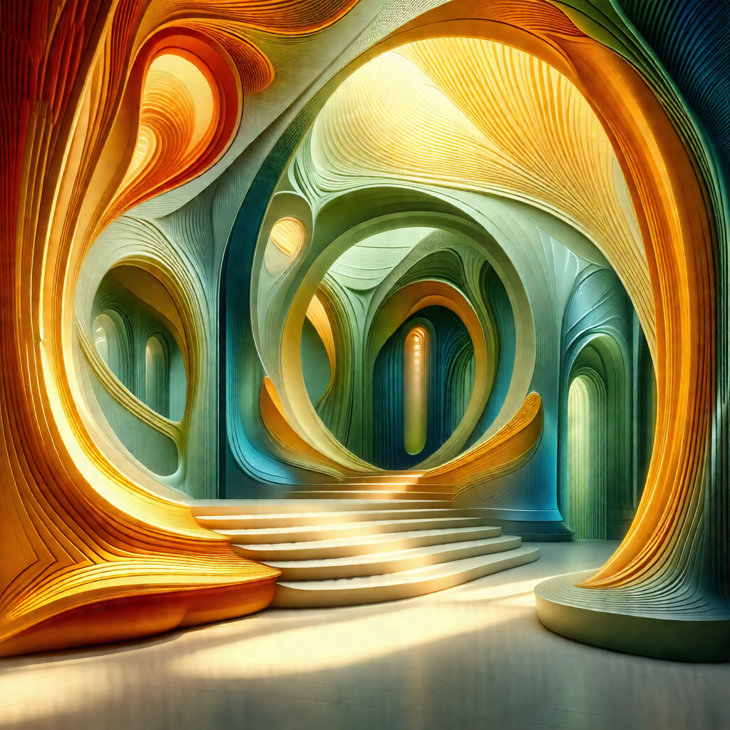 Futuristic, colorful, and curved building with a spiral s...