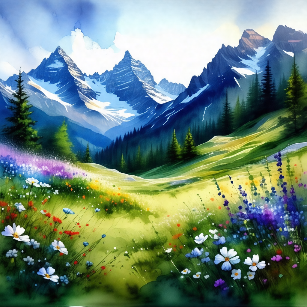 Beautiful mountain landscape with a lush green field and ...