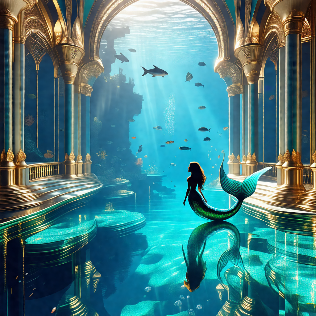 Beautiful mermaid sitting on a rock in a blue underwater ...