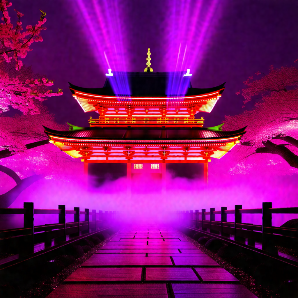 Large, colorful building with a purple glow, likely a tem...