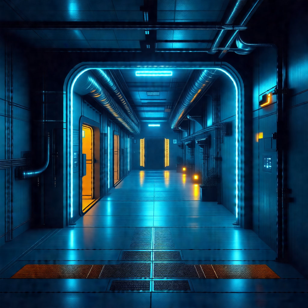 Blue-toned drawing of a large, empty room with a long hal...