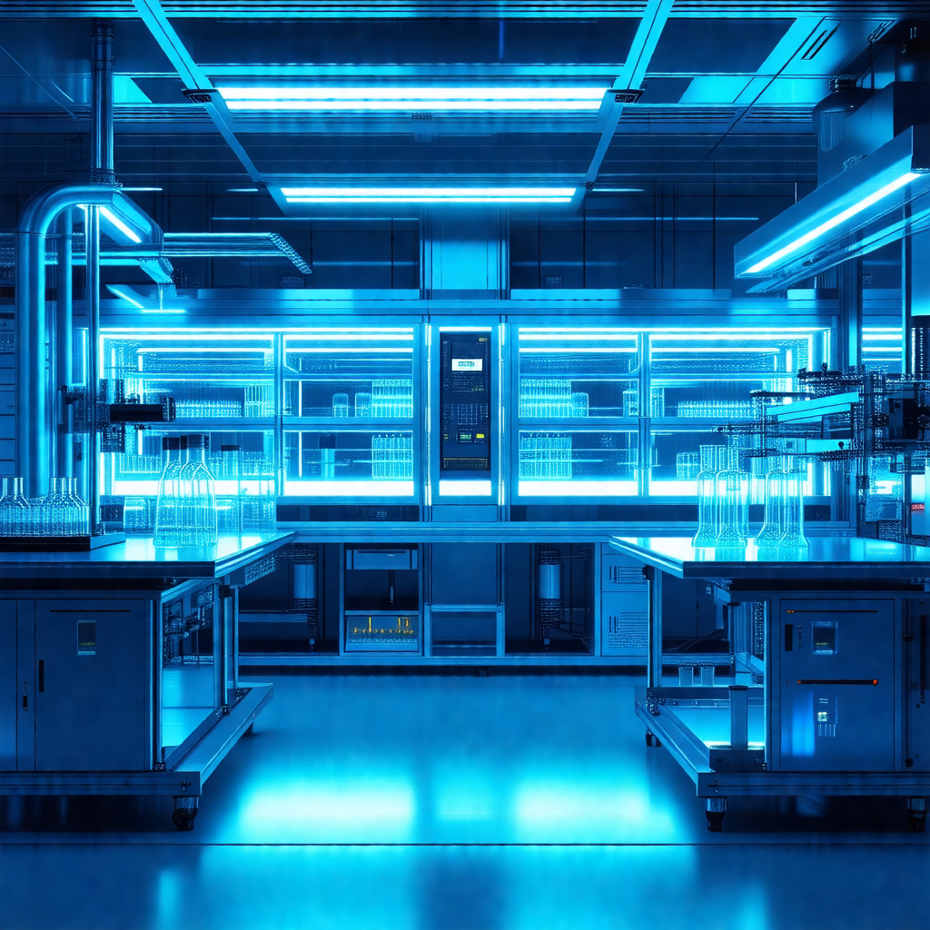 Blue-toned photograph of a laboratory filled with various...
