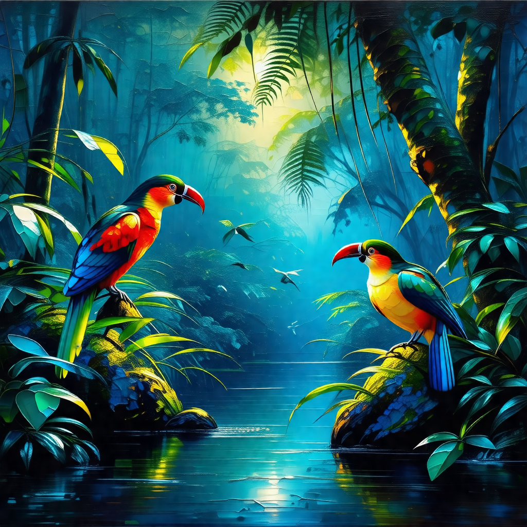 Lush green forest with two colorful birds perched on rock...
