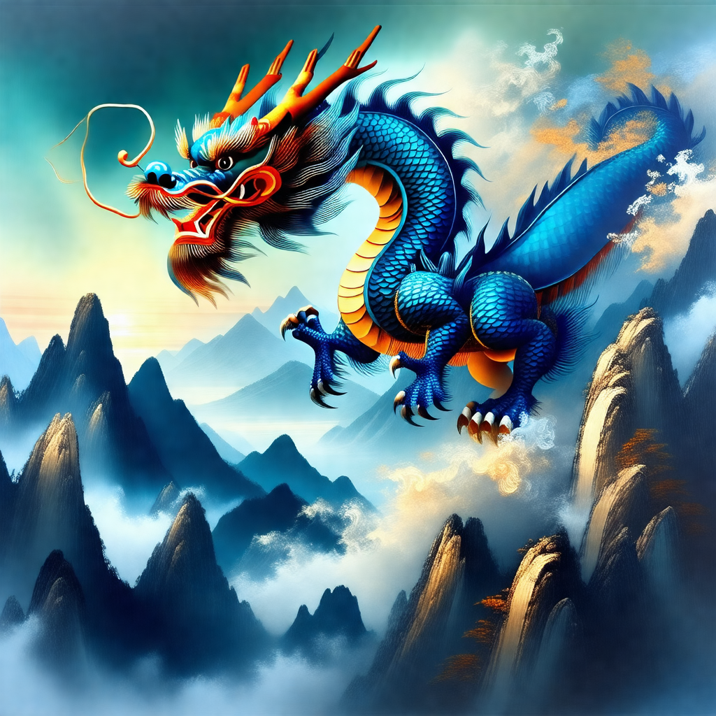 Large, colorful dragon flying through the sky