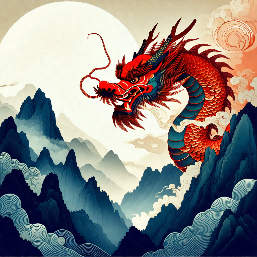 Large red dragon with a long, curled tail, flying through...