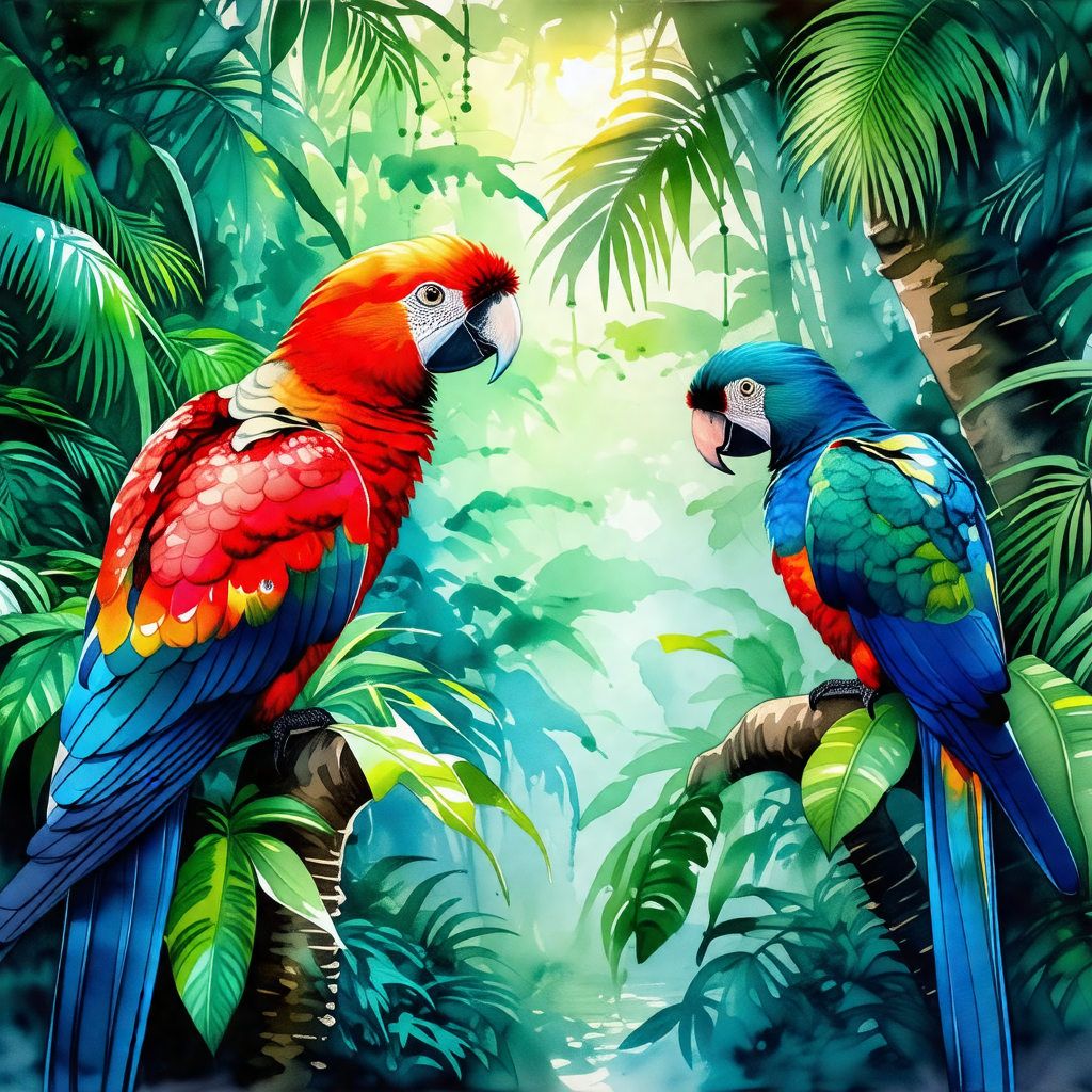 Two colorful parrots perched on tree branches in a lush g...