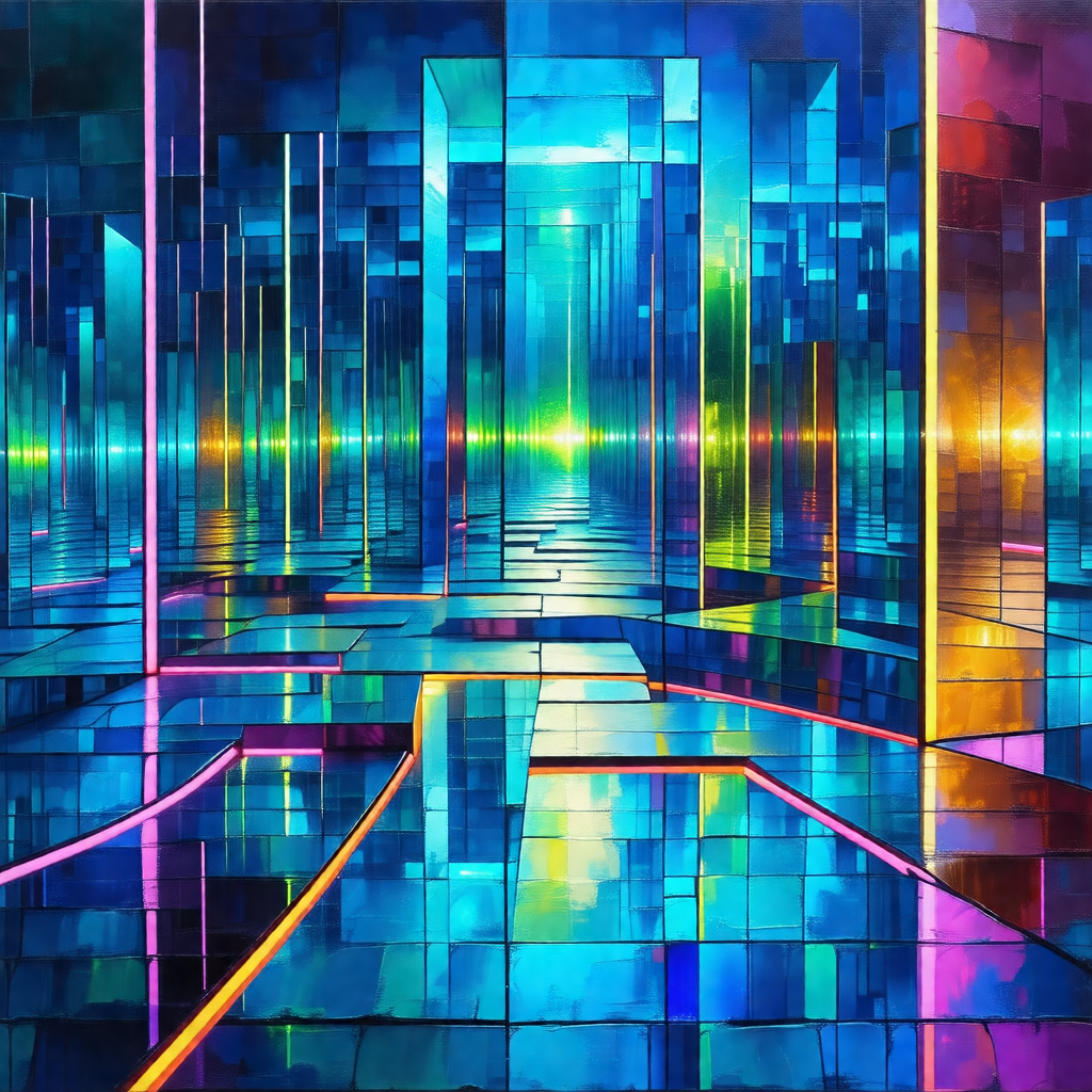 Painting of a long, narrow hallway with a blue and yellow...