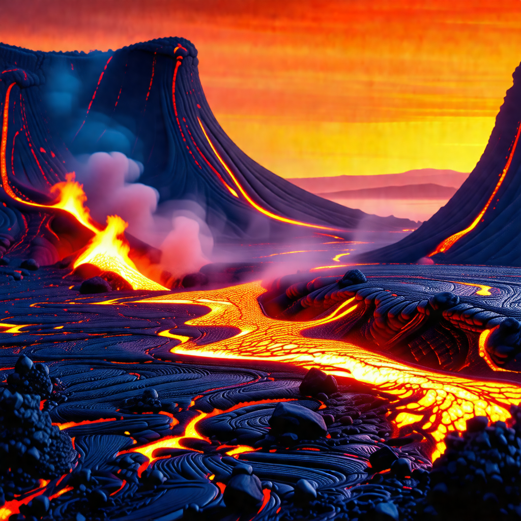 Vividly colored, computer-generated landscape featuring a...
