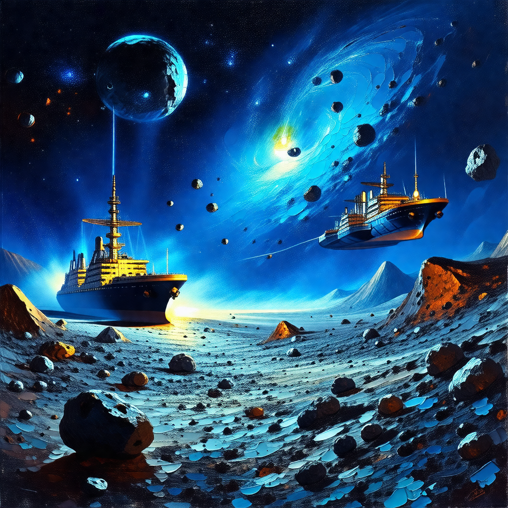 Painting of a space scene featuring two large boats float...