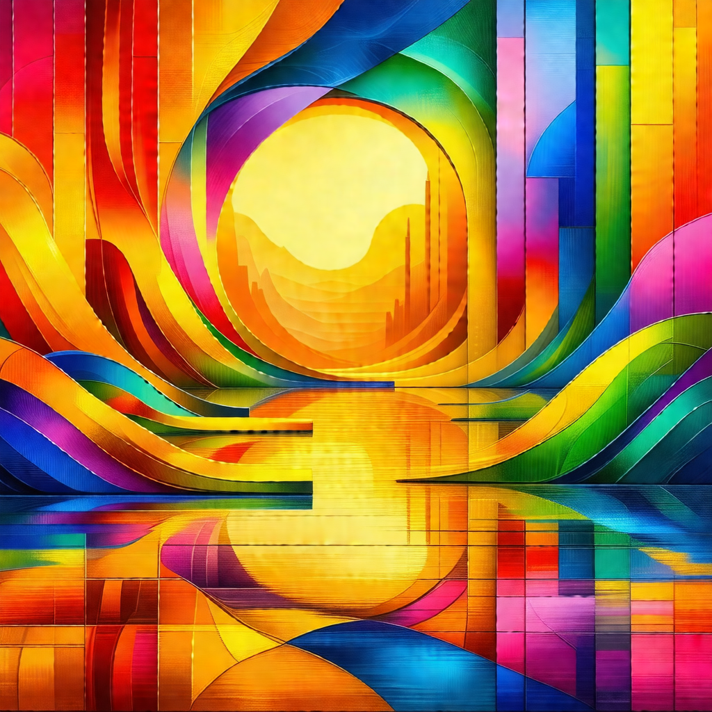 Colorful painting of a cityscape, featuring a large sun i...