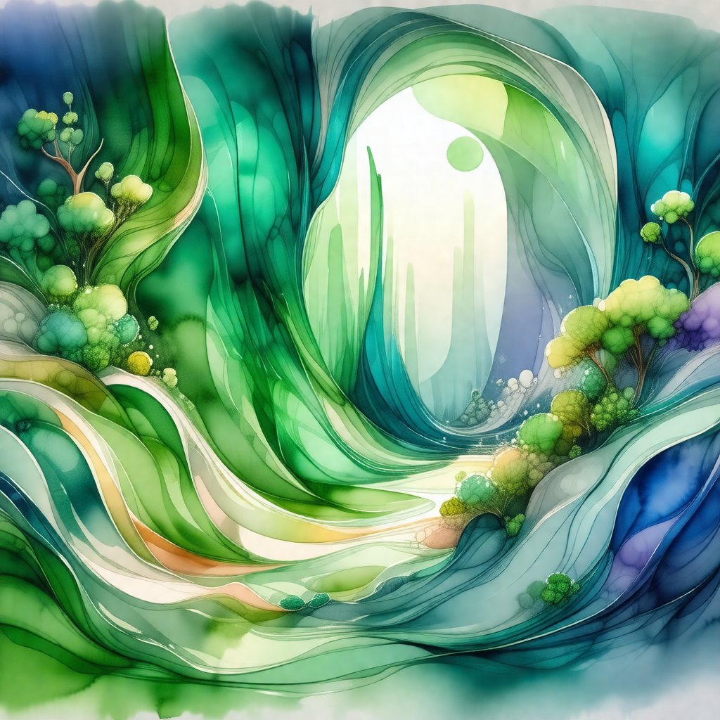 Colorful painting of a forest with a variety of trees and...