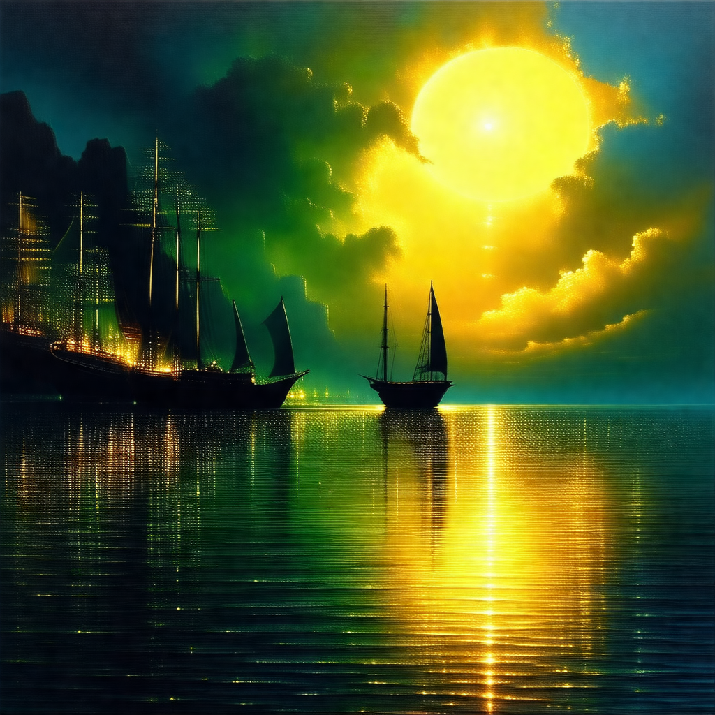 Serene scene of two sailboats floating on a large body of...
