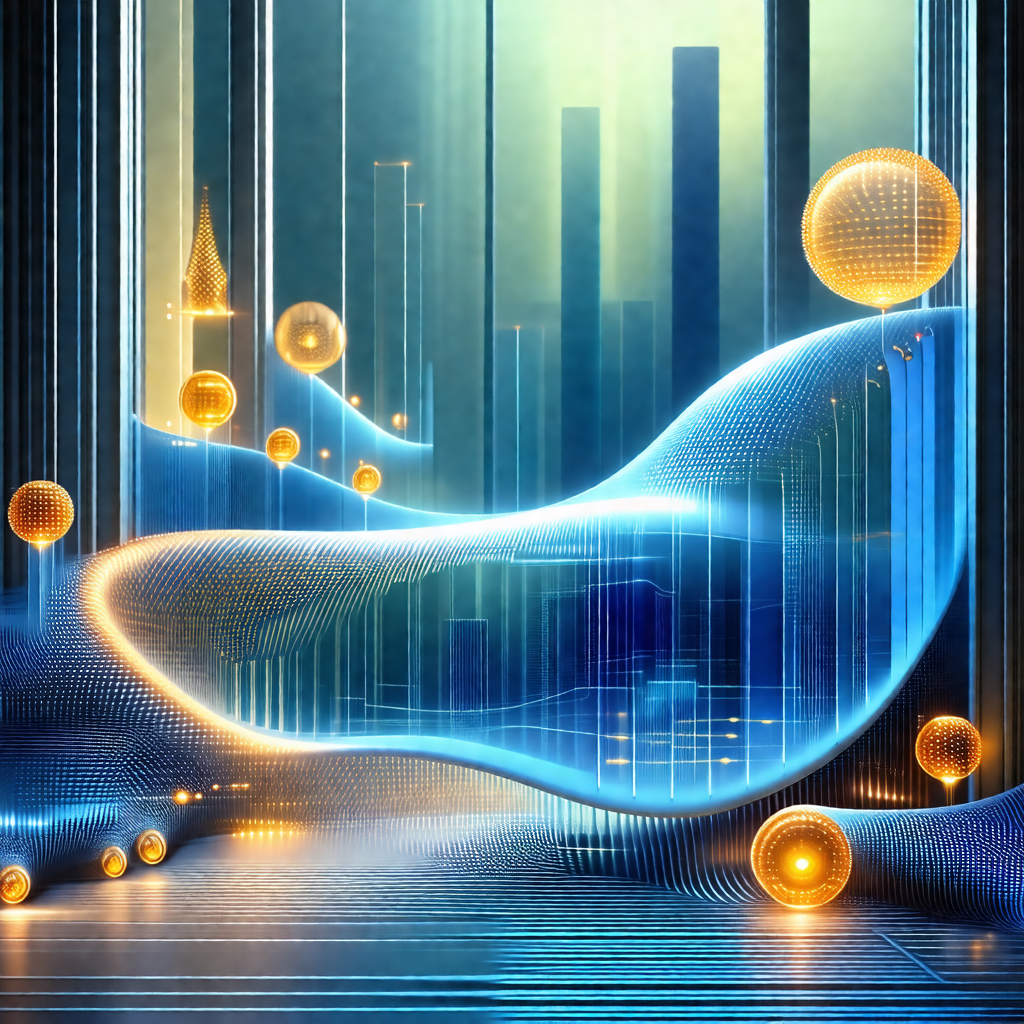 Futuristic cityscape with a large, blue, curved structure...