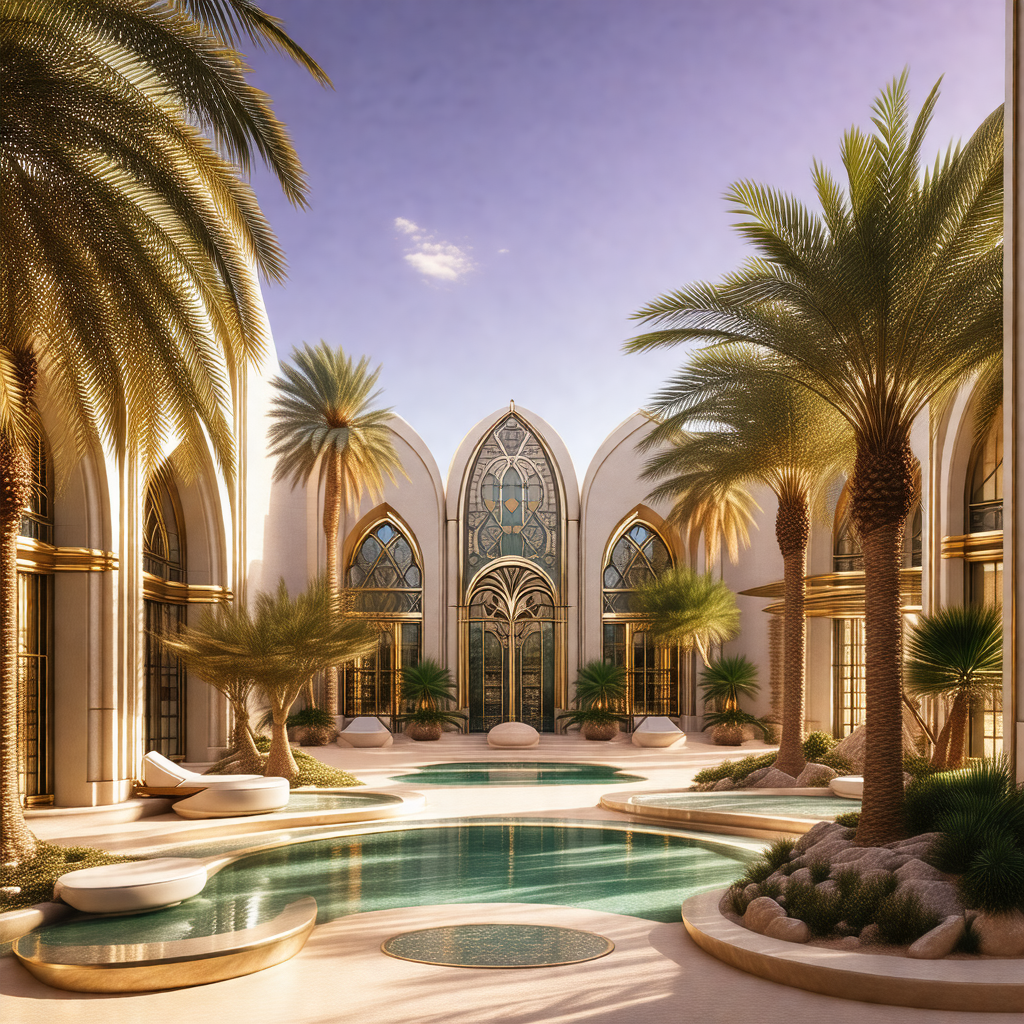 Large, luxurious hotel with a swimming pool in the center...
