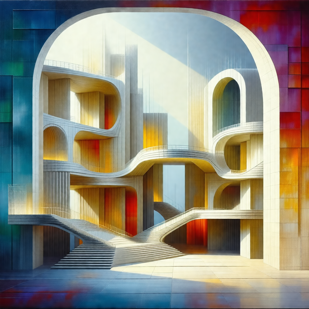 Painting of a large building with a unique design