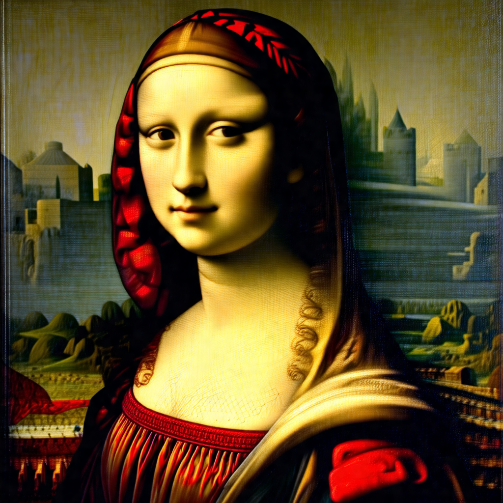 Painting of a woman with a red veil on her head