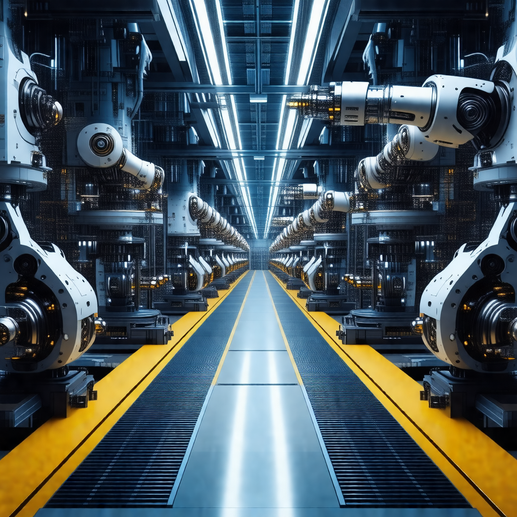 Factory with a long row of robots lined up on a conveyor ...