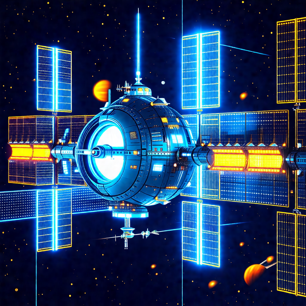 Futuristic space station with a large, round, blue struct...