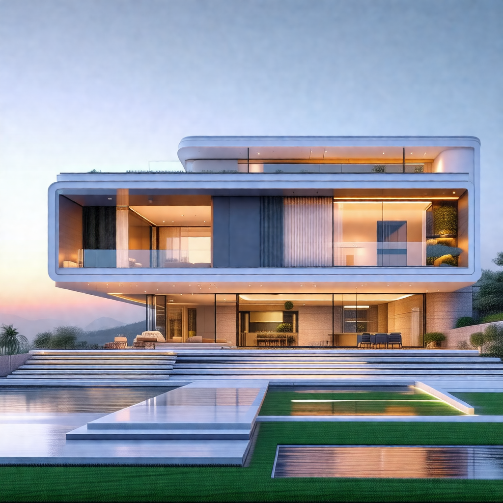 Large, modern-looking house with a large pool in front of it