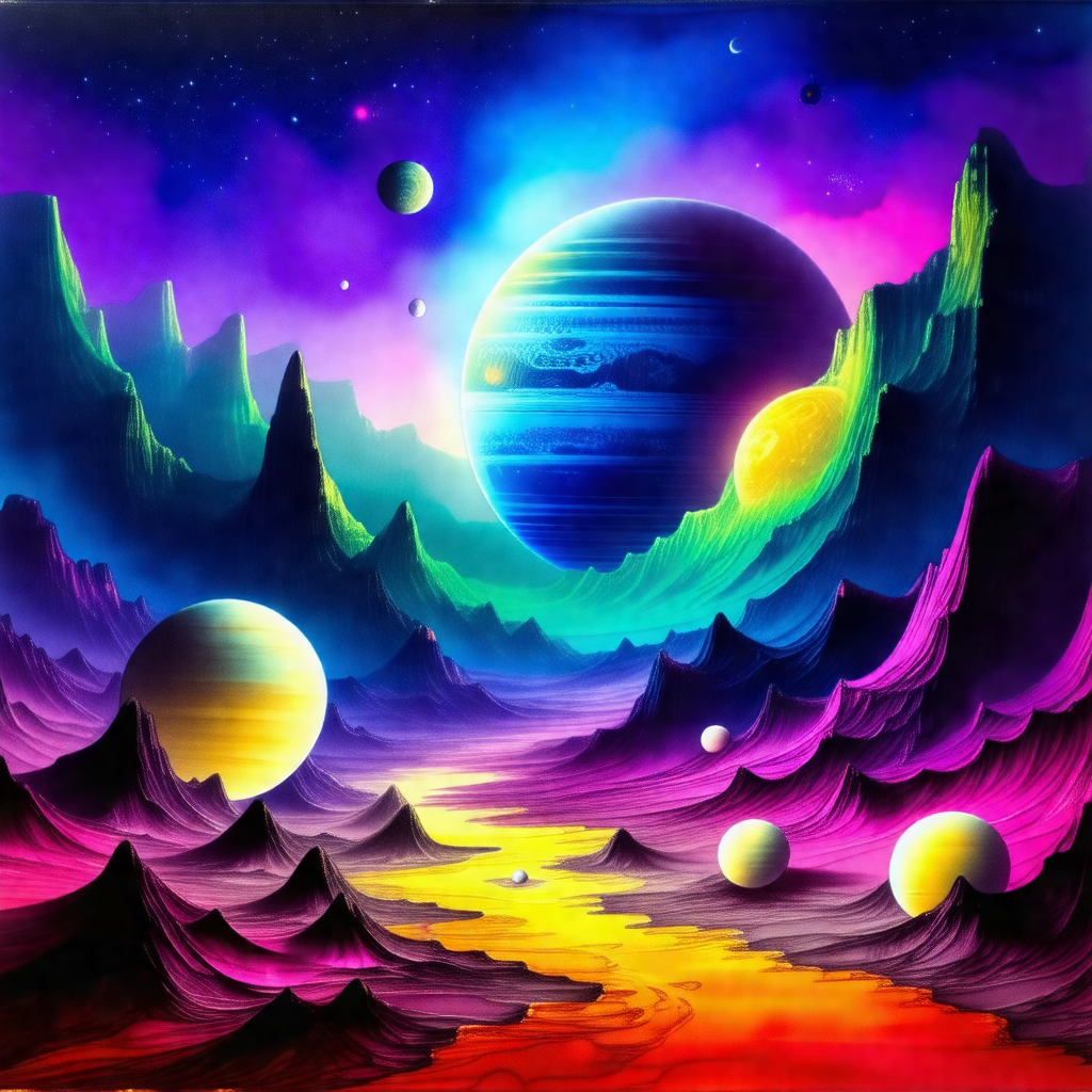 Colorful painting of a planet with a variety of celestial...