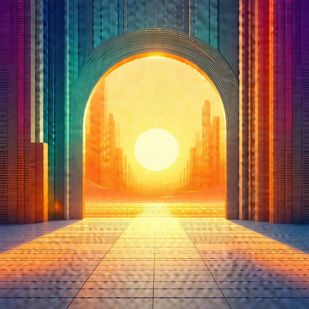 Large, colorful archway with a sunset in the background